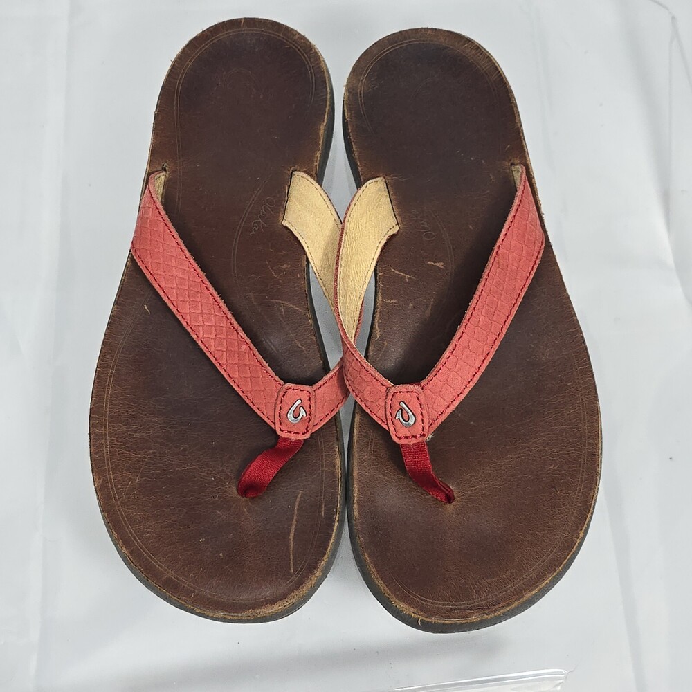 OluKai Pua Brown Red Leather Flat Thongs/Flops/Sandals/Slides Women 9 US/39 EU
